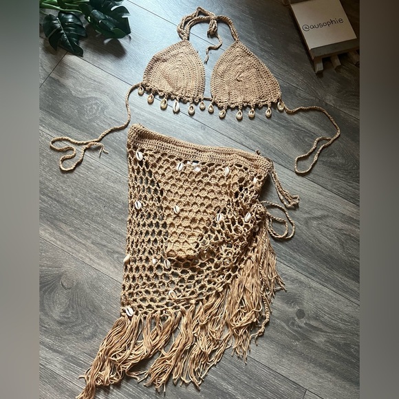 SHEIN Puka Shell Tan Crochet Bikini w Matching Drawstring Sarong Skirt. Size M L - Picture 12 of 16